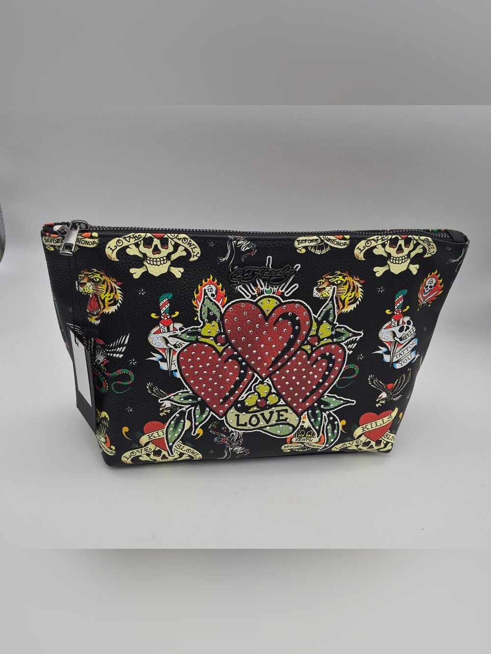 Ed Hardy Black Red Studded Heart Cosmetic Pouch NWT